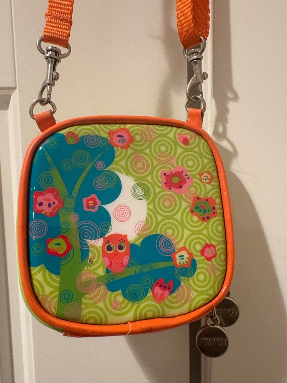 Pylones Design S & Citron Pochette Purse w/ Whimsical Owl Print Orange and Green